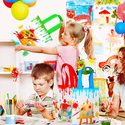 24 Pack Paint Party Favor Bags Non Woven Art Party Gift Bags Kids Art Paint Treat Goodie Bags Paintbrush Splatter Tote Bags for Paint Theme Birthd...