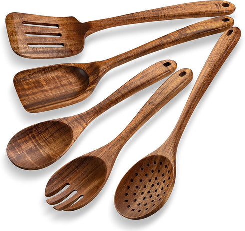 Kitchen Wooden Spoons Utensils Set for Cooking, 5 Piece Acacia Wood Spoon Cooking Utensils Apartment Essentials Wooden Turner Spoon Spatula Kitche...