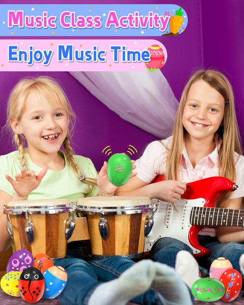 9 Pack Wooden Percussion Musical Shake Prefilled Easter Eggs with Toys Inside Filled for 3 4 5 Years Old, Toddlers Easter Basket Stuffers Egg Fill...