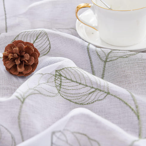 Topick White Sheer Kitchen Curtains - Sage Green Leaf Embroidered Cafe Semi Sheer Short Half Window RV Camper Tier Farmhouse Door Bathroom Basemen...