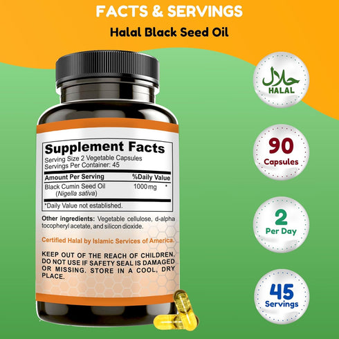 Halal Black Seed Oil | 1000mg 45 Servings | Nigella Sativa, Kalonji | Supports Hair, Skin, Joints, Immune, Heart, Digestion...