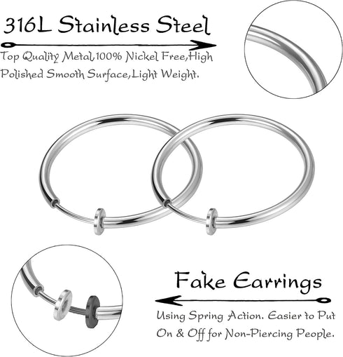 Keklle Stainless Steel 4 Pairs Clip On Hoop Earrings for Women Men Non Pierced Earrings (A:Silver-Tone)...