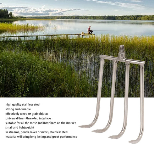 4 Teeth Hand Rake Aquatic Weed Rake Stainless Steel Stainless Steel 4 Teeth Hand Rake Portable Aquatic Weed Rake with 8Mm Threaded Interfa for Fis...