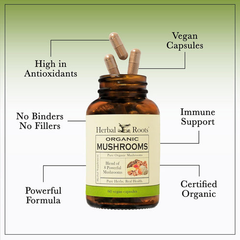 Herbal Roots Organic 8 Mushroom Blend Supplement Capsules - 100% Fruiting Body Extracts - Wellness and Immunity - 60 Vegan Capsules...