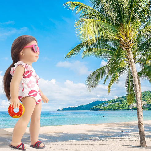 18 Inch Doll Swim Accessories Set, Passionate Doll Beach Sunbathing Playset for American doll Girls, includes Doll Bikini Swimsuits, Heart-shaped ...