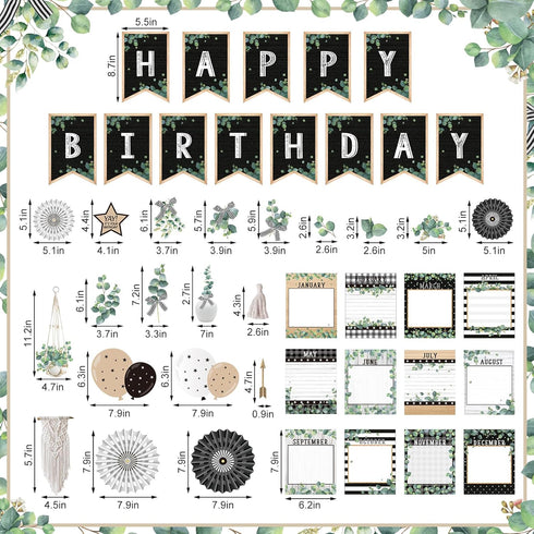 48 Pcs Classroom Happy Birthday Bulletin Board Sets Decorations, Eucalyptus Greenery Plant Birthday Classroom Decor, Nature Birthday Chart Poster ...