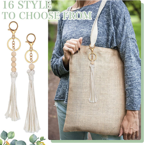 Junkin 16 Pack Mini Macrame Keychains Cute Boho Macrame Bag Charms Handcrafted Aesthetic Boho Car Accessories Boho Keychain for Women Tassel Keych...