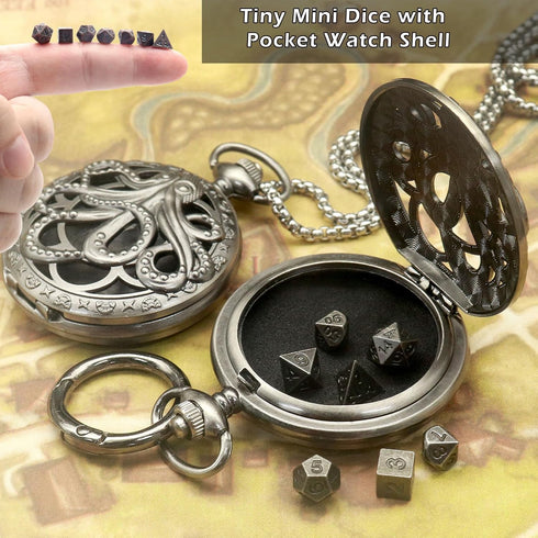Mini Dice Necklace Tiny DND Dice with Pocket Watch Shell Silver Octopus Metal Case D&D Dice Set Portable 7PCS Keychain Dice Antique Iron Cthulhu D...