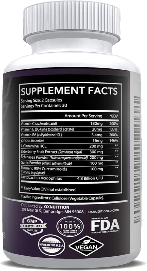 OX NUTRITION 10 in 1 Elderberry, Vitamin C, Zinc, Vitamin E, Vitamin B6, Echinacea, Garlic, Turmeric, L-Glutamine HCL & Lactobacillus Probiotics &...