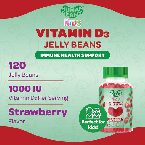 Vitamin D3 Jelly Bean Gummies for Kids, 25mcg/1000 IU Vitamin D, Nutritional Vegetarian Supplements, 120 Strawberry Blast Jelly Beans, Kosher...