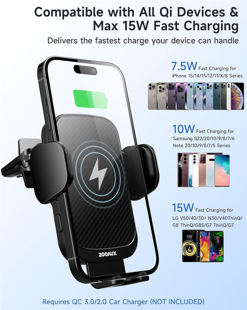 ZOOAUX Wireless Car Charger Vent Mount, 15W Fast Charging Auto-Clamping Car Mount, Air Vent Car Phone Holder for iPhone 15/15 Pro/14/13 Pro/XS/XR/...