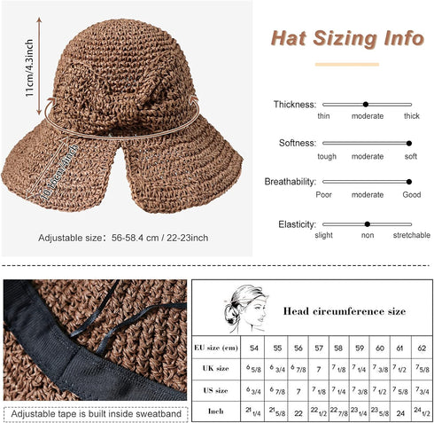 Foldable Wide Brim Floppy Straw Beach Sun Hat,Summer Cap with Bowknot for Women Girls,Strap Adjustable...