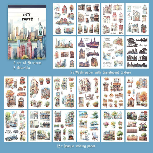 Landscape and City Themed Scrapbook Journaling Stickers, 150 Die-Cut PET and Washi Paper Sticker Book for Junk Journaling, Collage, Craft Projects...