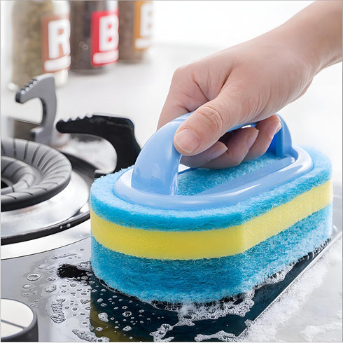 Ultimate Kitchen Cleaning Brush Set (2-Pack) with Handle - Pot Washing Sponge, High-Density Thick Scouring Pad, Sponge Block, Ceramic Tile Wall Cl...