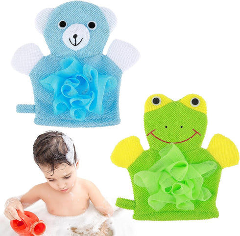 2 Pcs Bath Mitt Washcloths Gloves, Cute Cartoon Exfoliating Glove Body Scrubber, Gentle Soft Scrub Bath Loofahs Sponges for Kids Shower Washing (B...