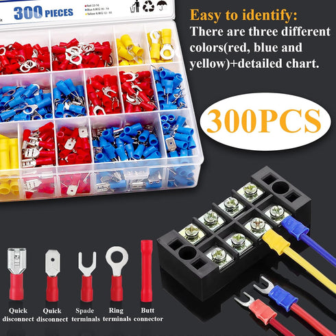 Tnisesm 301Pcs Insulated Wire Electrical Connectors Assortment Kit with Ring, Spade, Butt, Quick Disconnect, Crimp Automotive Cable Terminals...
