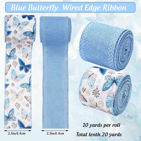 AnyDesign Spring Wired Edge Ribbon Butterfly Craft Ribbon Blue Fabric Ribbon for Wreath Bow Making DIY Crafts Wrapping Party Decor Supplies, 2 Rol...