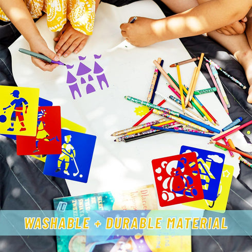 24 Pieces Stencils for Kids, Drawing Stencils Chalk Stencils Large Washable Sports, Planet, Fairy Tale and Cartoon Themed Primary Shape Template f...