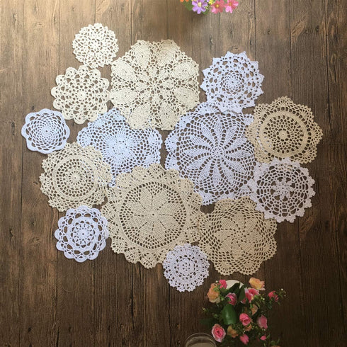 MINDPLUS Set of 14 Hand Crochet Doilies Cotton Crocheted Lace Doilies 4-10 Inches Round White Beige Vintage Wedding Tea Party...