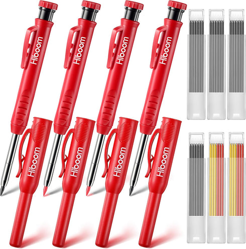 Hiboom 4 Pack Carpenter Pencils Set with 24 Refills, 2.8 mm Mechanical Carpenter Pencil Built in Sharpener Woodworking Marking Tool Solid Long Nos...