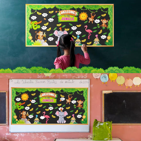 103 Pcs Jungle Bulletin Board Set Welcome to The Jungle Animal Bulletin Board Decorations Monkey Elephant Forest Cutouts Educational Classroom Wal...