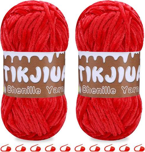 7OZ Red Chenille Yarn for Crocheting, Chunky Chenille Yarn with Crochet Stitching Markers, Chenille Yarn Chunky for Sweater Pillow Blanket Scarf W...