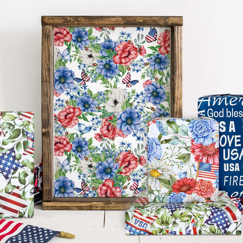Whaline 10 Sheets Patriotic Floral Wrapping Paper 4th of July Flower Bouquet Star American Flag Gift Wrap Paper Bulk Folded Flat DIY Craft Art Pap...