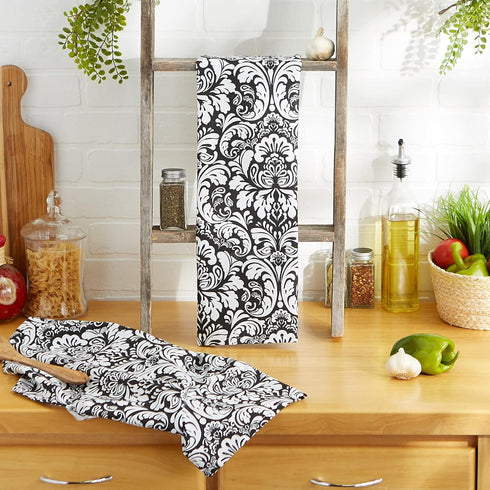 DII Cotton Dish Towel Set Damask Print, 18x28, Black, 2 Count...
