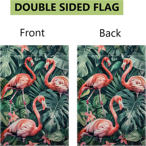Flamingo Garden Flag, Pink Flower Tropical Palm Tree Flag, 12x18 Inch Double Sided Burlap, Welcome Summer Garden Flags, Porch Lawn Flag, Outdoor Y...