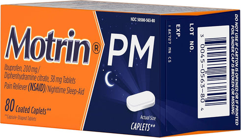 Motrin PM Caplets, 200 mg Ibuprofen & 38 mg Sleep Aid, Nighttime Relief for Minor Pains, 80 ct....
