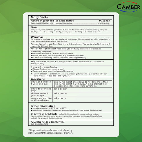 CAMBER PHARMACEUTICALS, INC Cetirizine HCI 10mg Tablets, 24-Hour Allergy Relief, Allergy Medication - 500 Count...