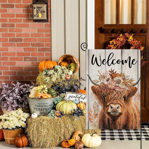 Welcome Fall Garden Flags for Outside Decorations, Thanksgiving Highland Cow with Flowers Maple Leaves Small Yard Flag, Harvest Autumn Seasonal Fa...