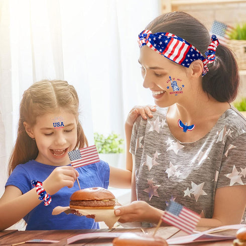 Whaline 15pcs 4th of July Accessories Kit Patriotic American Flag Headband Hair Band Hair Scrunchies Earrings Temporary Tattoos Independence Day G...