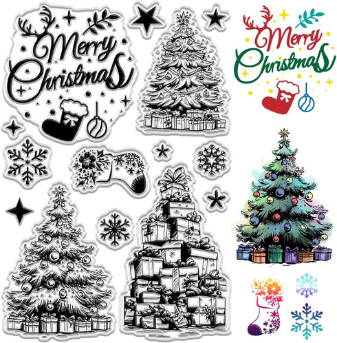 CRASPIRE Merry Christmas Tree Clear Rubber Stamps Xmas Snowflake Star Gift Reusable Vintage Transparent Silicone Seal Stamps for Winter Holiday DI...