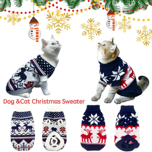 Vehomy 2Pcs Pet Puppy Christmas Sweaters Cat Sweater Kitten Knitwear Dog Xmas Clothes Navy Blue and Christmas White Sweaters with Reindeers Snowfl...