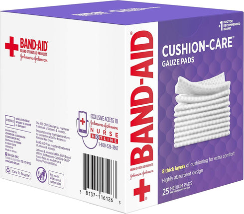 Band-Aid Brand Cushion Care Non-Stick Gauze Pads, Individually-Wrapped, Medium, 3 in x 3 in, 25 Count (Pack of 1)...