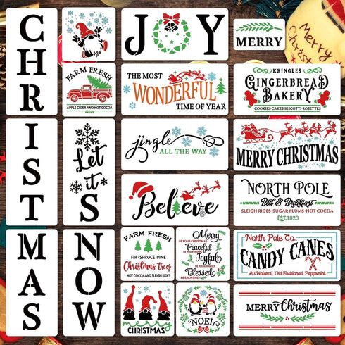 21Pcs Large Christmas Stencils, Reusable Merry Christmas Stencils for Painting, Including Candy Cane/Christmas Tree/Gingerbread/North Pole/Let it ...