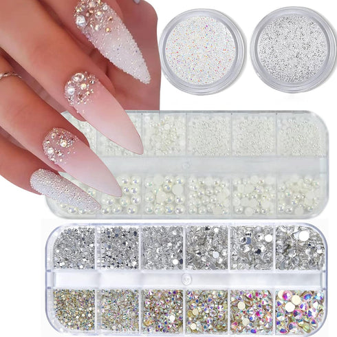 4 Boxes Flatback Rhinestones and Pearls Nail Charms for Acrylics - Crystals, Half Rounds, and Accessories for DIY Nail Art Decor...