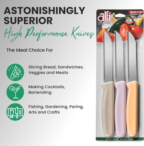 Alfi All-Purpose Knives Aerospace Precision Pointed Tip - Home And Kitchen Supplies - Serrated Steak Knives Set | Made in USA (Loquat, Myrtille, L...