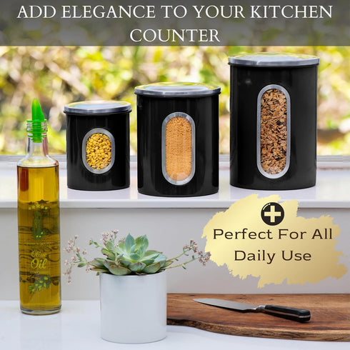 Mixpresso 3-Piece Black Canisters Sets For The Kitchen, Airtight Canister Set With See Through Window, Storage Jars for Coffee Container, Tea Orga...