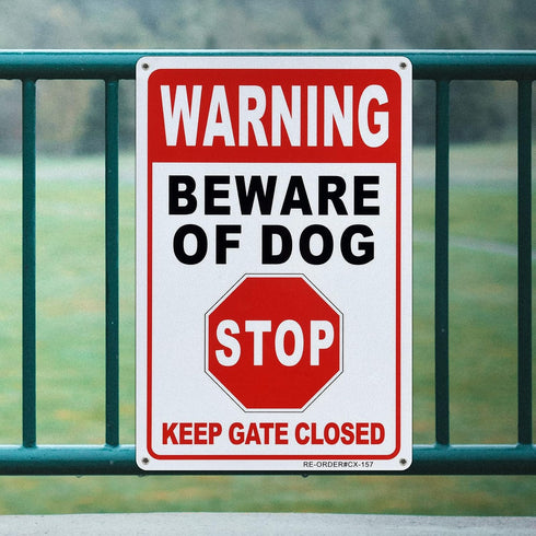 Beware of Dog Warning Sign 2 Pack, Dogs In Yard, Stop, Keep Gate Closed Sign, 12x8 Inch Rust Free Aluminum Metal, Beware of Dog Signs for Fence, E...