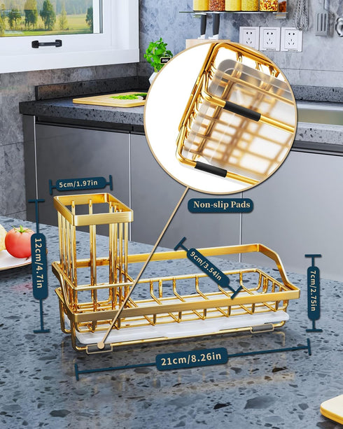 Consumest Sink Caddy, Kitchen Sponge Holder + Dish Brush Holder for Kitchen Sink, Sink Organizer with Drip Tray for Countertop, Stainless Steel Ru...