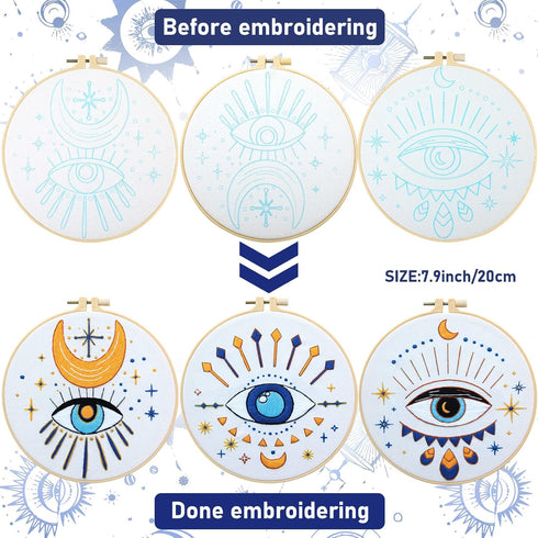 5 Pcs Evil Eye Embroidery Starters Set for Beginners Stamped Cross Stitching Kits for Adults, 5 Embroidery Cloth with Patterns, Hoop, Needles, Thr...