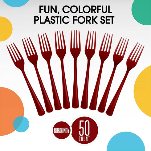 Disposable Burgundy Plastic Forks 50 Pcs - Heavy Duty Burgundy Plastic Disposable Cutlery - Burgundy Disposable Flatware, Burgundy Plastic Silverw...