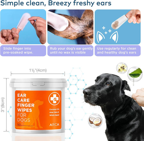 Dog Ear Cleaner Wipes - Cleanser for Dogs - Ear Itching, Dissolves Wax, Dirt & Odor with Coconut Oil & Aloe Vera (100 Finger Wipes)...