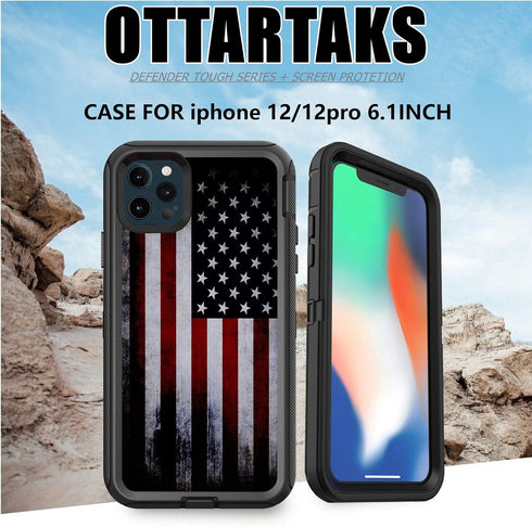 Compatible for American Flag iPhone 12 Case iPhone 12 Pro Case with Screen Protector Retro Old USA Flag Design for Men Boys 3-in-1 Heavy Duty Full...