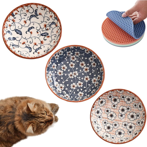 Cat Food Bowls, Whisker Fatigue Cat Bowl, 5.5 Inches Ceramic Kitten Bowl Set of 3, Small Cat Dishes for Indoor Cats, Shallow Cat Plates for Wet Fo...