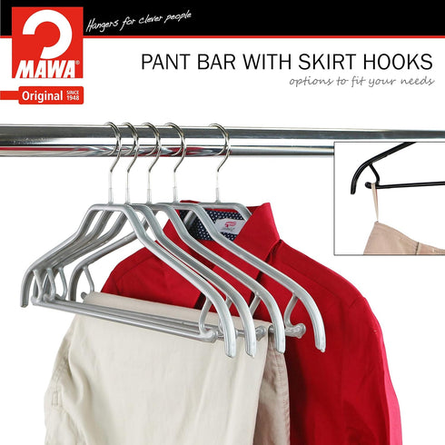 MAWA by Reston Lloyd Silhouette Series Non-Slip Space Saving Clothes Hanger with Bar & Hook for Pants and Skirts, Style 41/FRS, Set of 5, Silver...