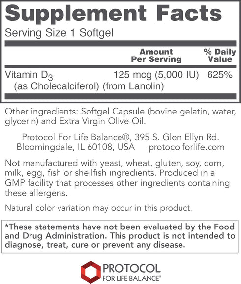 Protocol Vitamin D3 5,000 IU - Bone & Teeth Support* - Dietary Supplement for Immunity & Bone Mineralization* - Extra Virgin Olive Oil - Non-GMO, ...