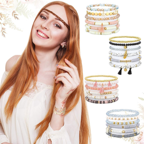 Jadive 24 Pieces Bracelets 4 Set Bead Bracelets Bulk Stackable Bracelets for Women Stretch Heishi Bracelets Clay Boho Disc Bracelets Y2k Aesthetic...